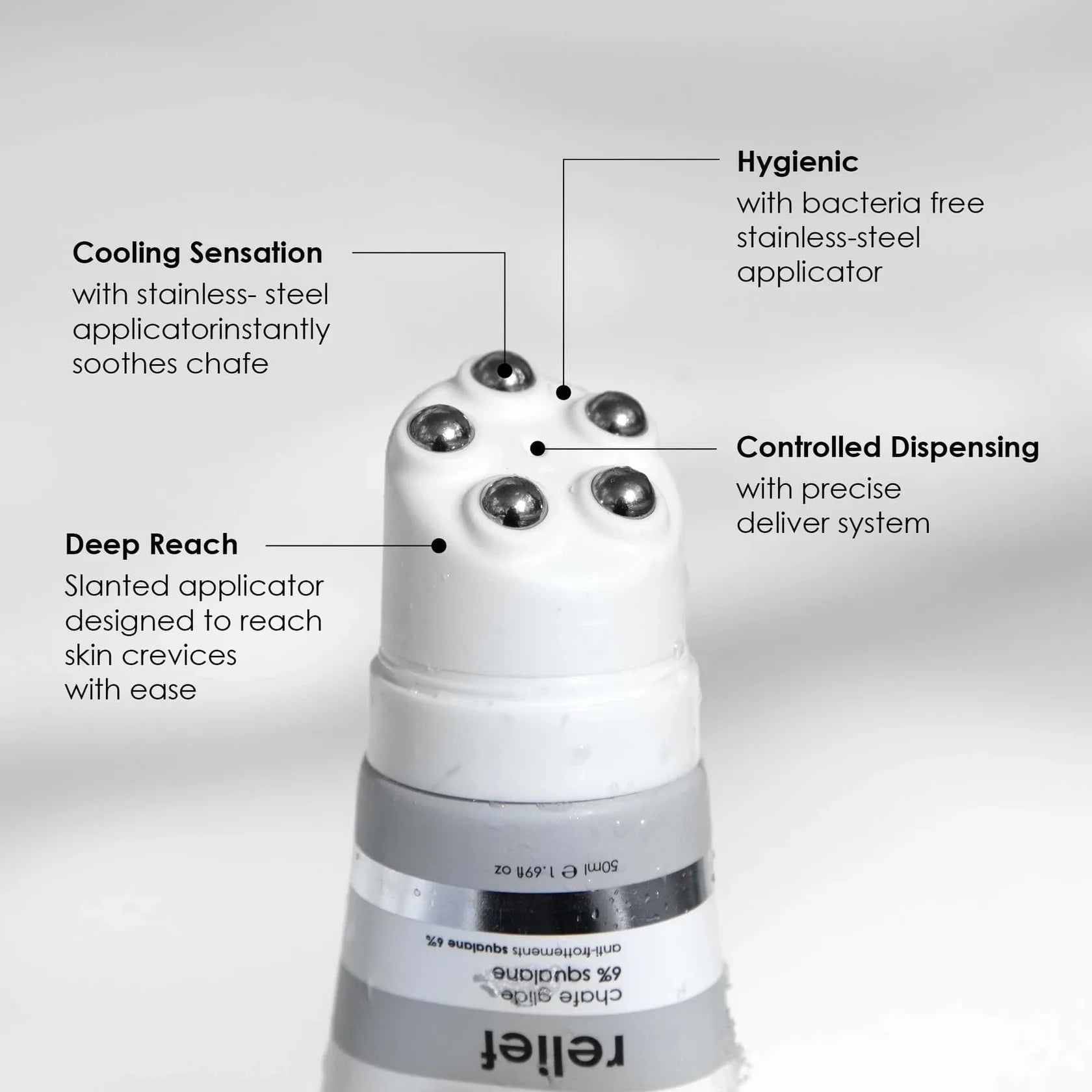 Stylized product with features labeled on a gray background