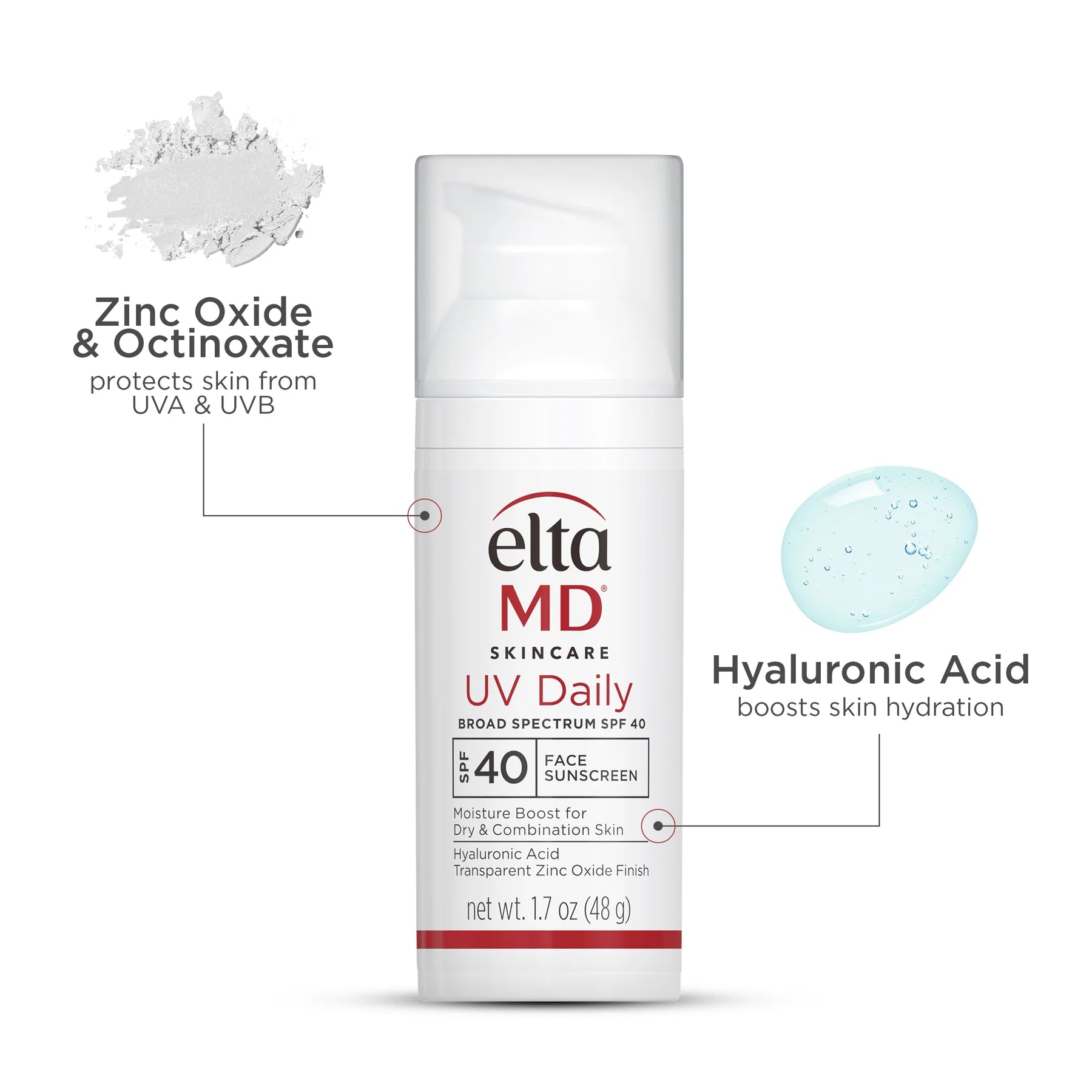 Eltma MD UV Daily sunscreen bottle with text highlighting ingredients and benefits on a white background