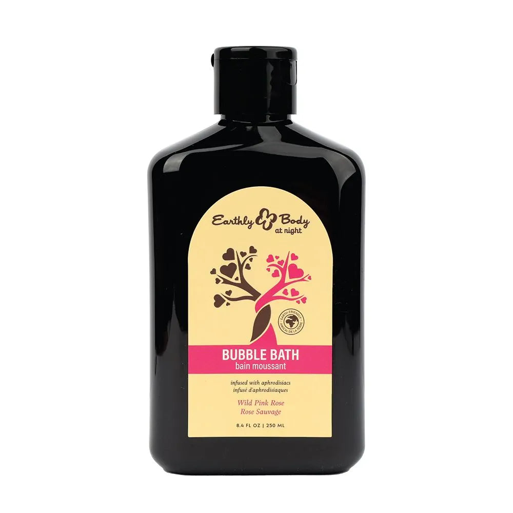 Black bottle of Earthly Body Wild Pink Rose bubble bath with a yellow label on a white background