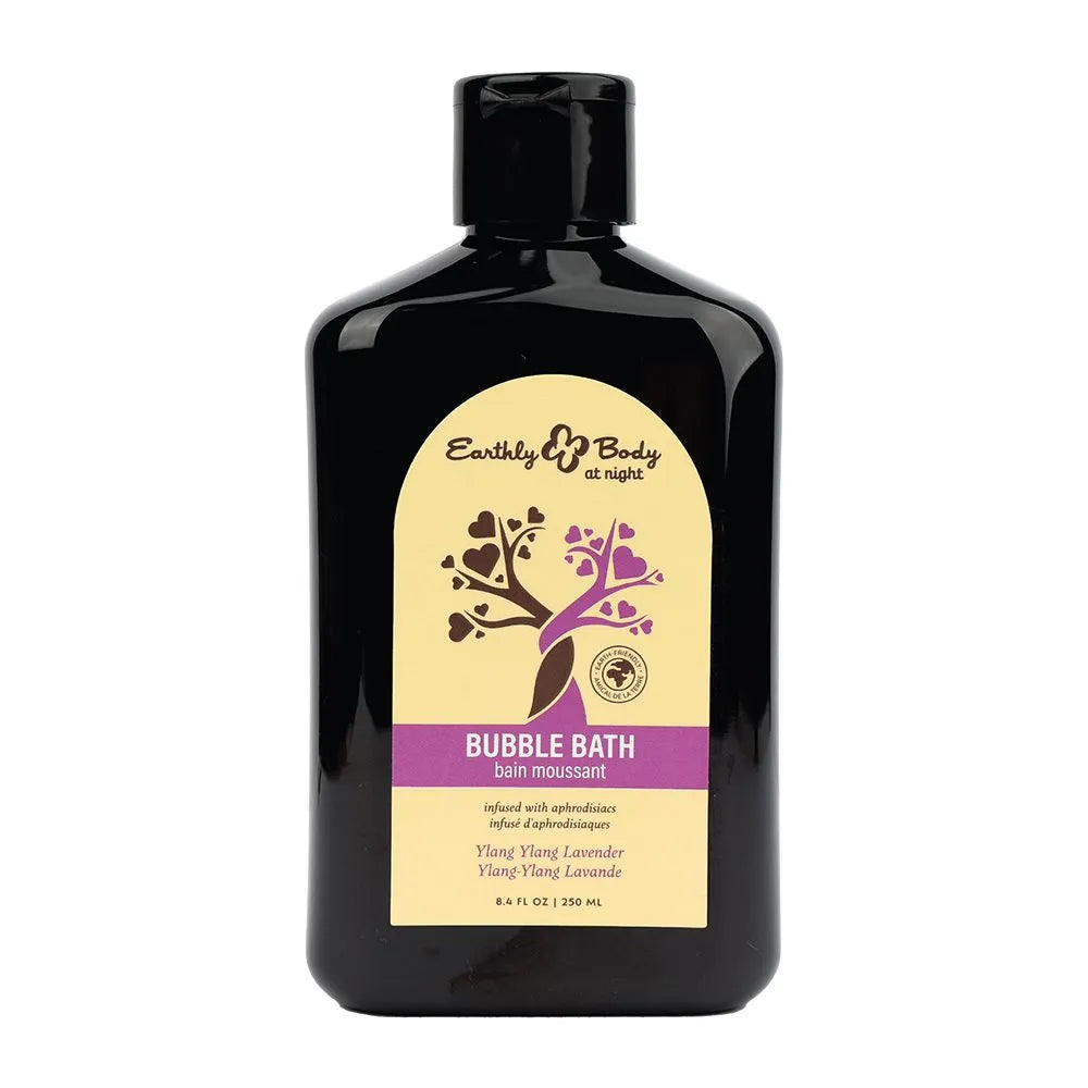 Black bottle of Earthly Body Lavender bubble bath with a yellow label on a white background