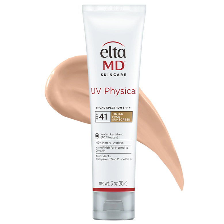 Elta MD UV Physical sunscreen tube with a swatch of the product colour on a white background