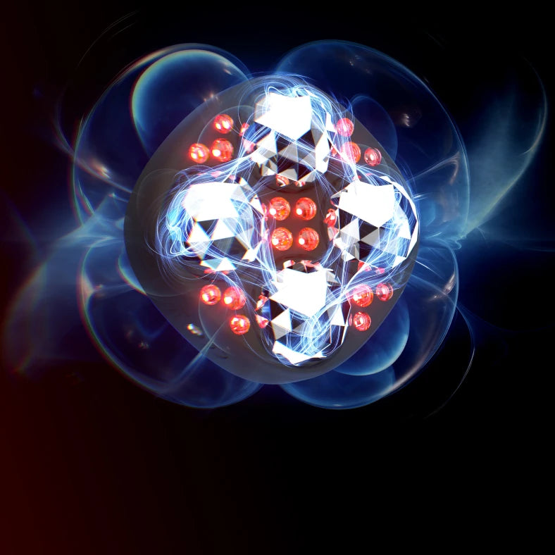 image of a molecular structure with blue and red elements on a dark background