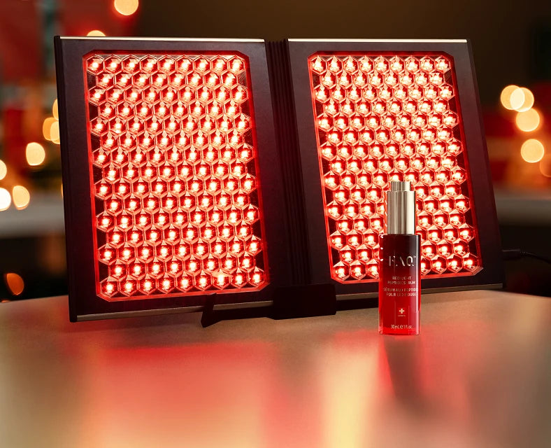 Red Light Dual Panel with FAQ serum bottle