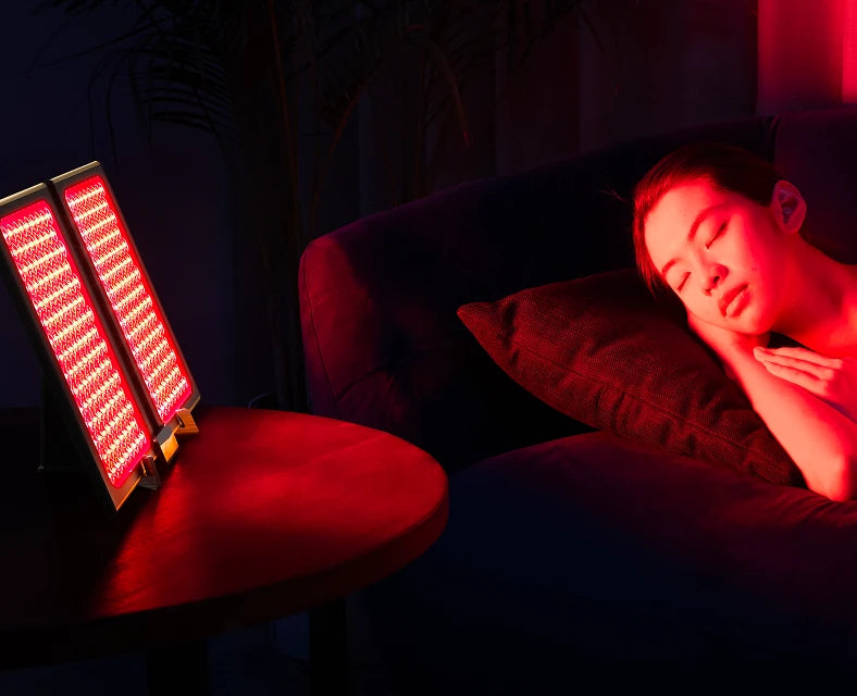 Person sleeping in front of red light Dual panel