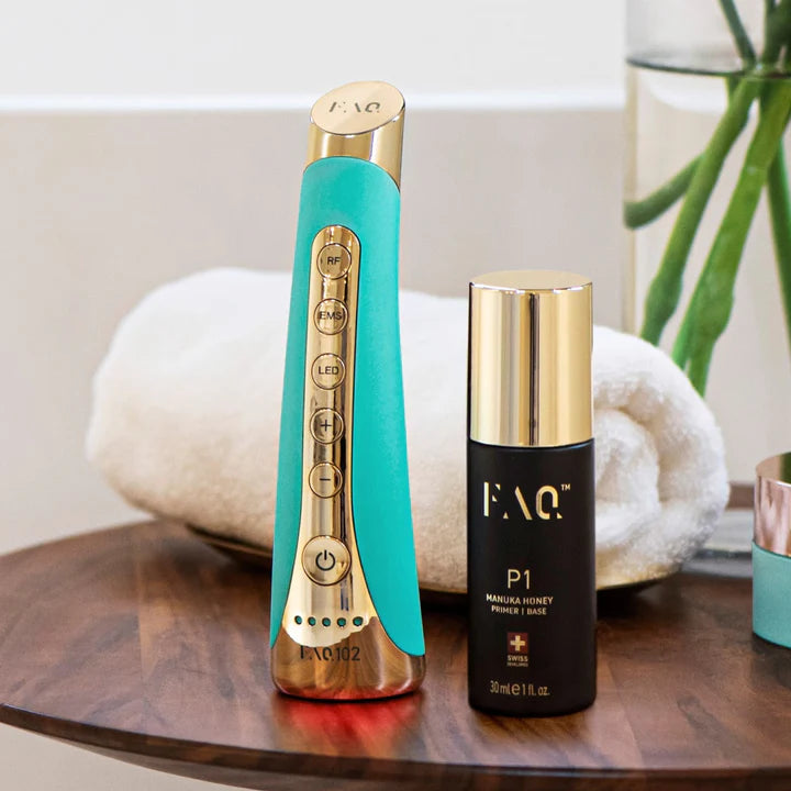 teal FAQ102 device with FAQ Manuku Honey packaging