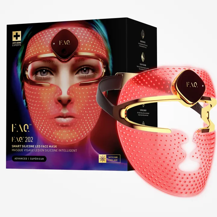 Smart silicone LED face mask with packaging on a white background