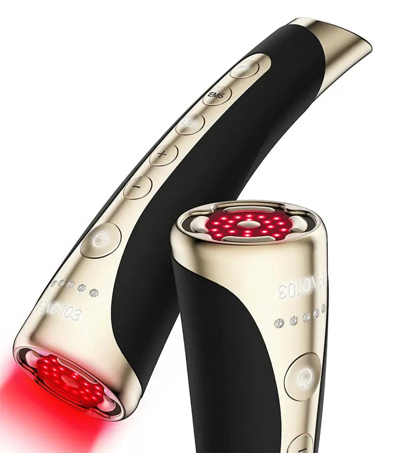 Black and gold electronic device with red light on a white background