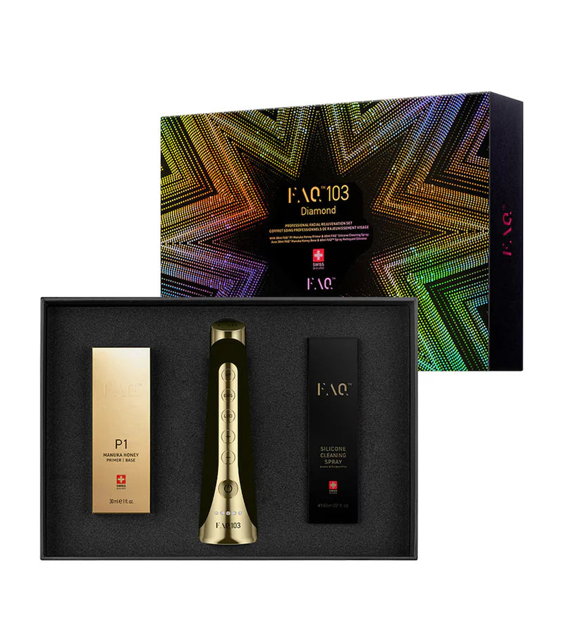 FAQ 103 Diamond including a gold tool, black container, and brown box with 'FAO' branding on a white background.