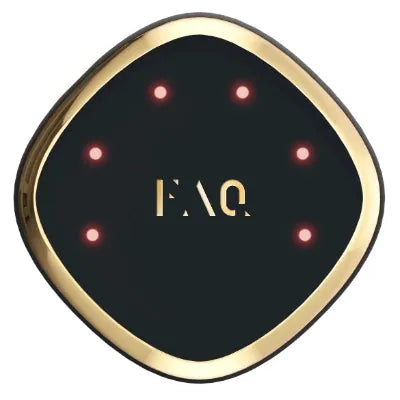 Black and gold device with 'FAQ' text and red lights on a white background