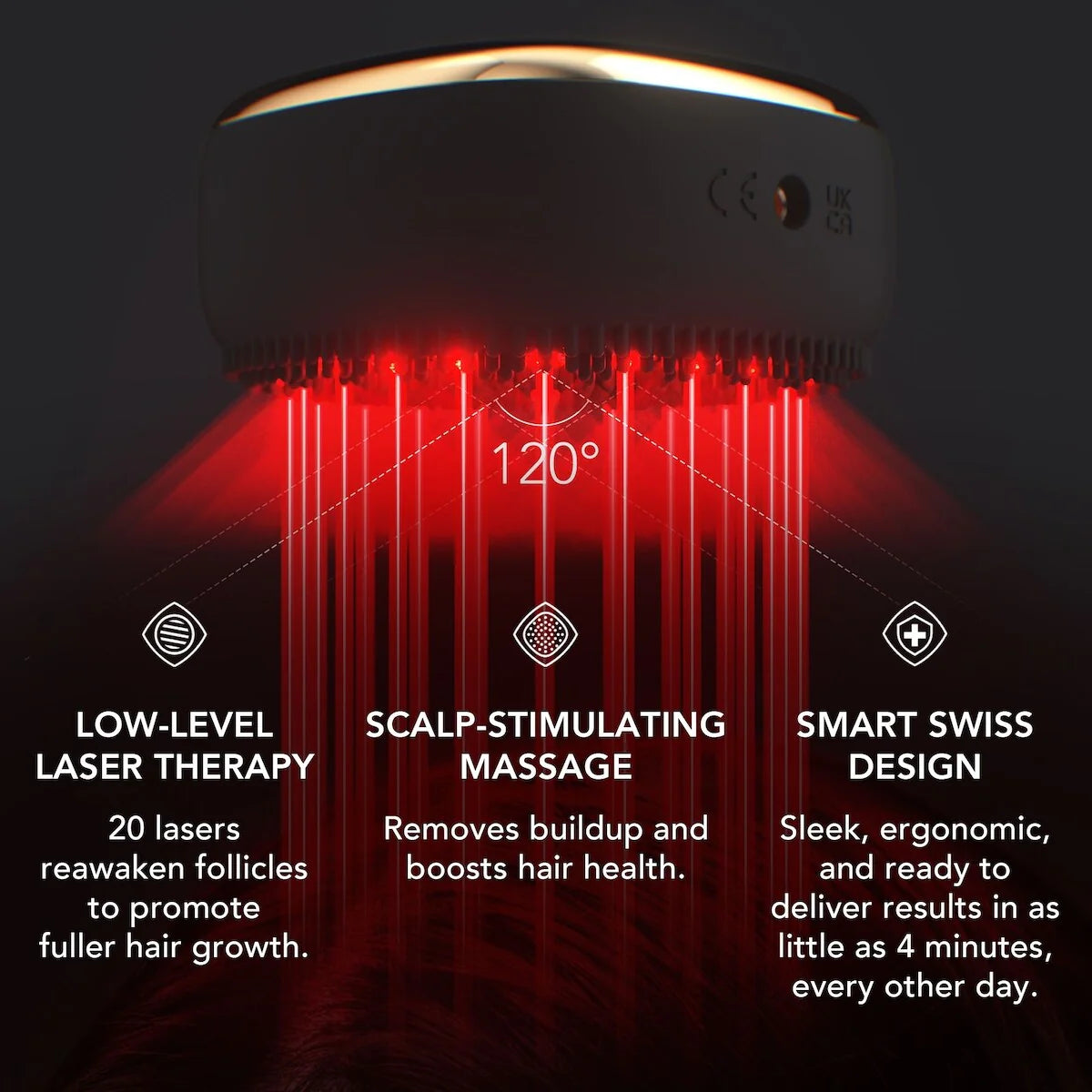Hair treatment device with red light therapy on a dark background