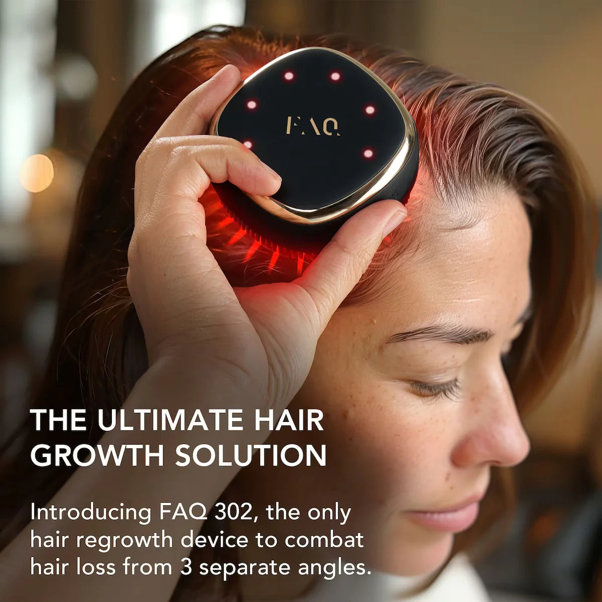 Person using a hair growth device on their head with text about the device's features.