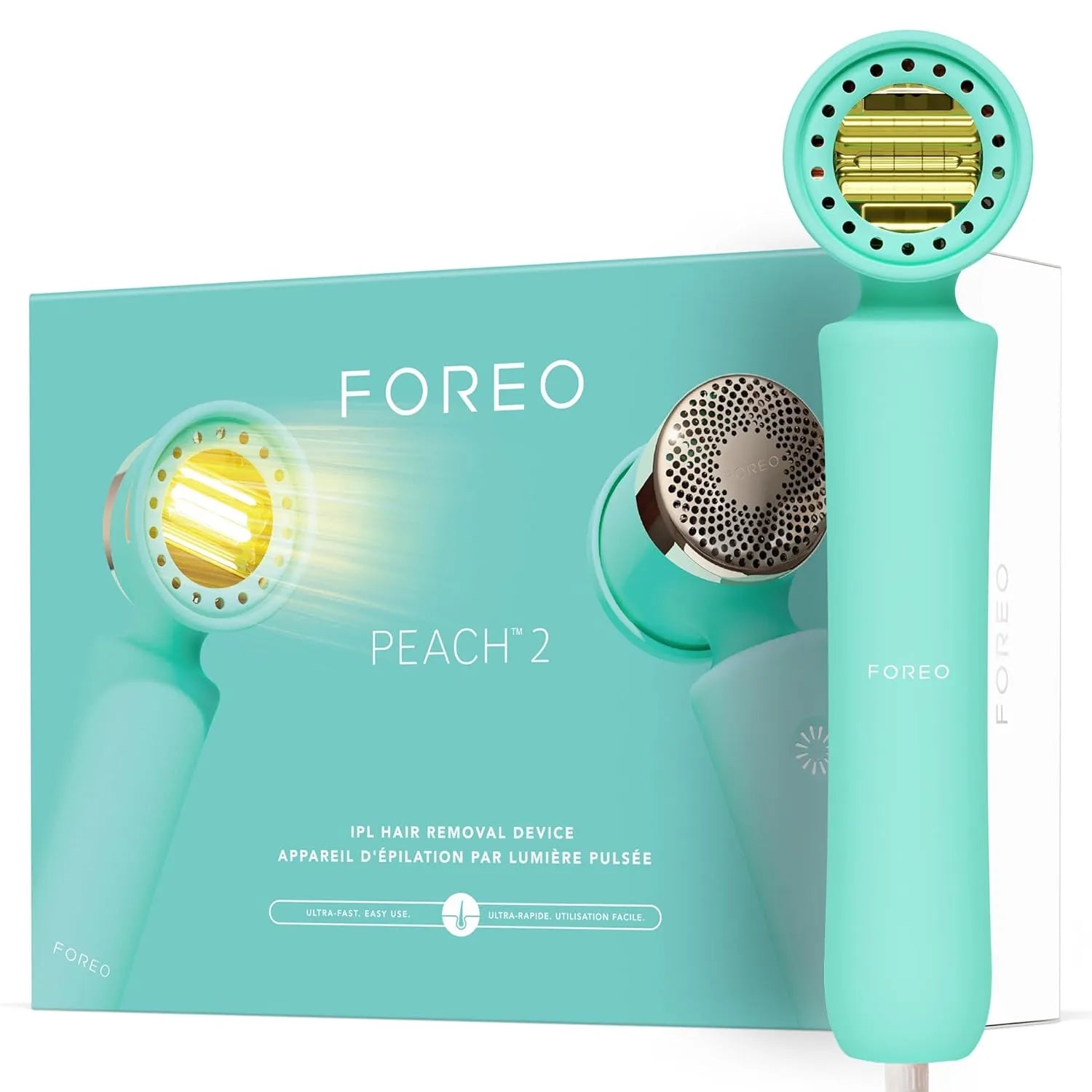 FOREO Peach 2 IPL hair removal device with packaging on a white background