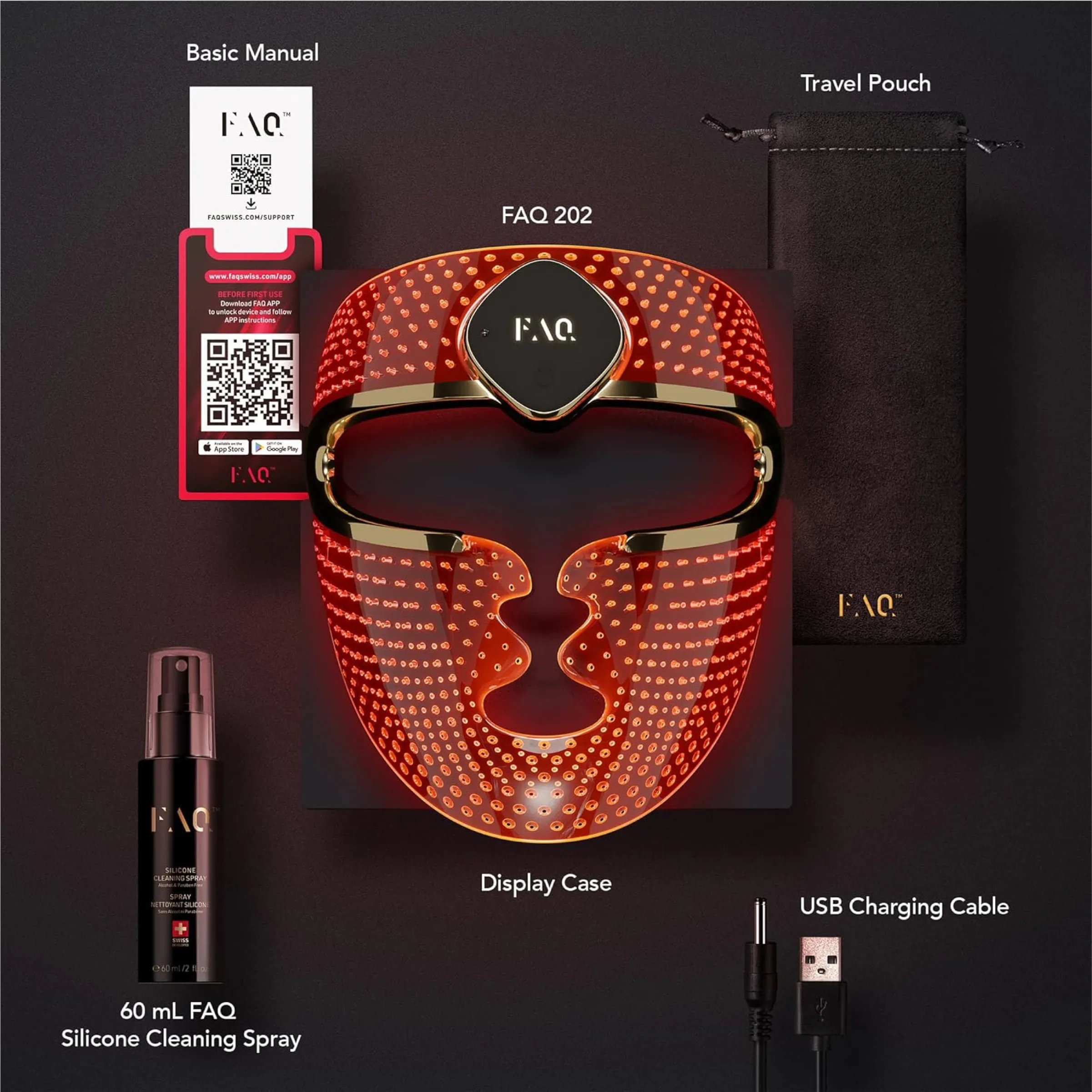 LED face mask with accessories on a dark background