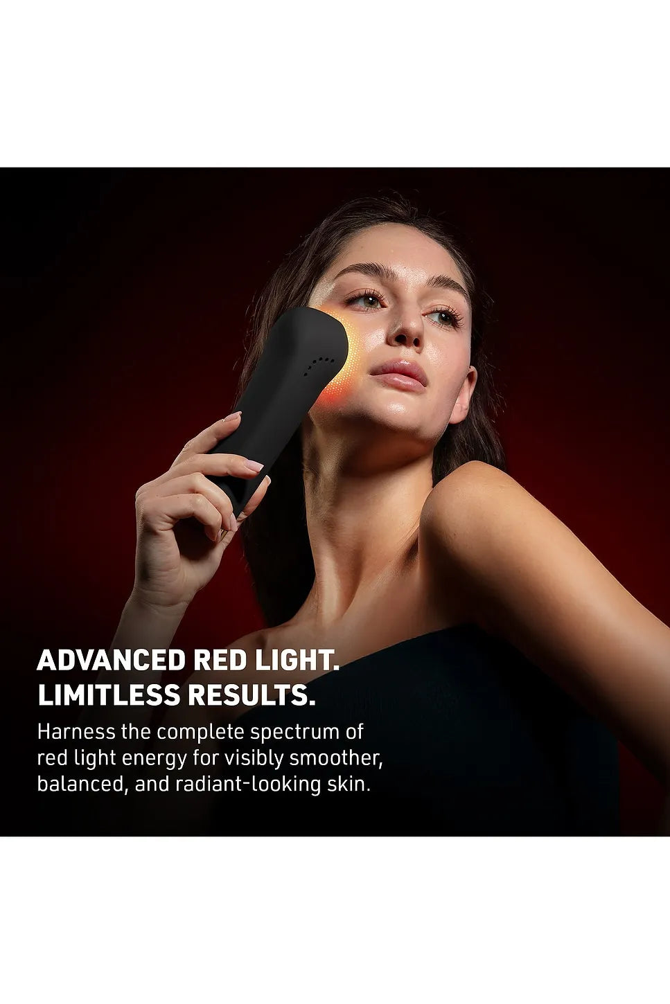 Person using a red light device on their face with text about advanced red light technology.