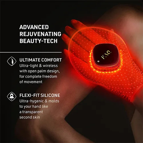 A red light therapy hand massager worn on a hand, with promotional text on a dark background. The device has a transparent silicone cover that glows red, with a black control panel showing a digital timer.