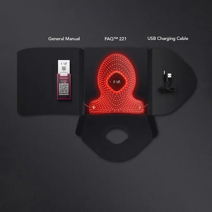 Black LED light therapy face mask shown open on a dark background, with a USB charging cable, a USB flash drive, and printed text labels reading 'General Manual', 'FAQ™ 221', and 'USB Charging Cable'. The center panel glows red when illuminated.