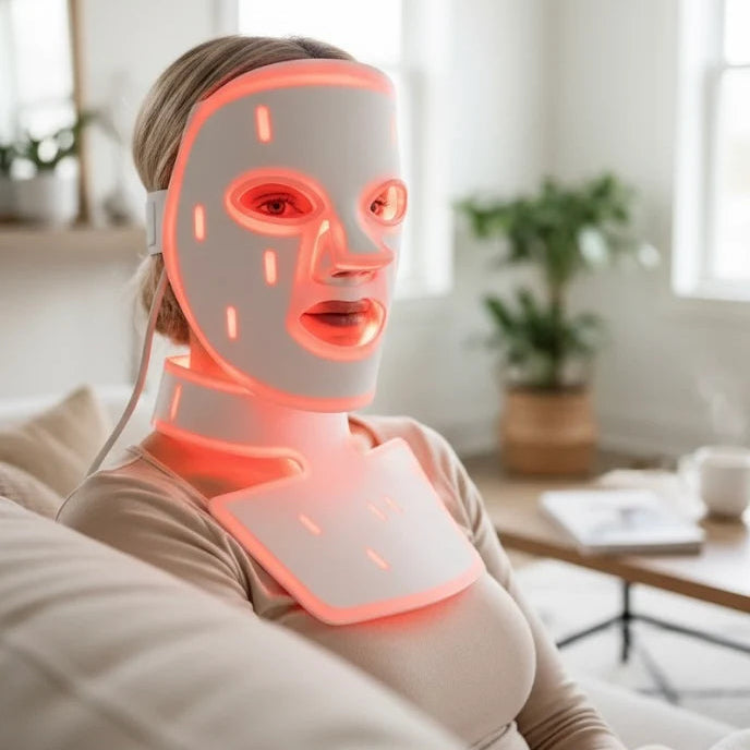 woman in living room wearing red light mask and face and neck