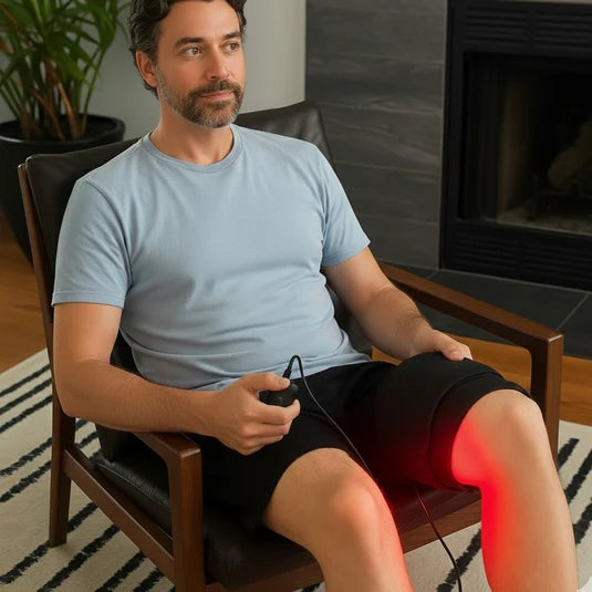 man sitting in a chair with a red light therapy wrap around his knee, holding a controller