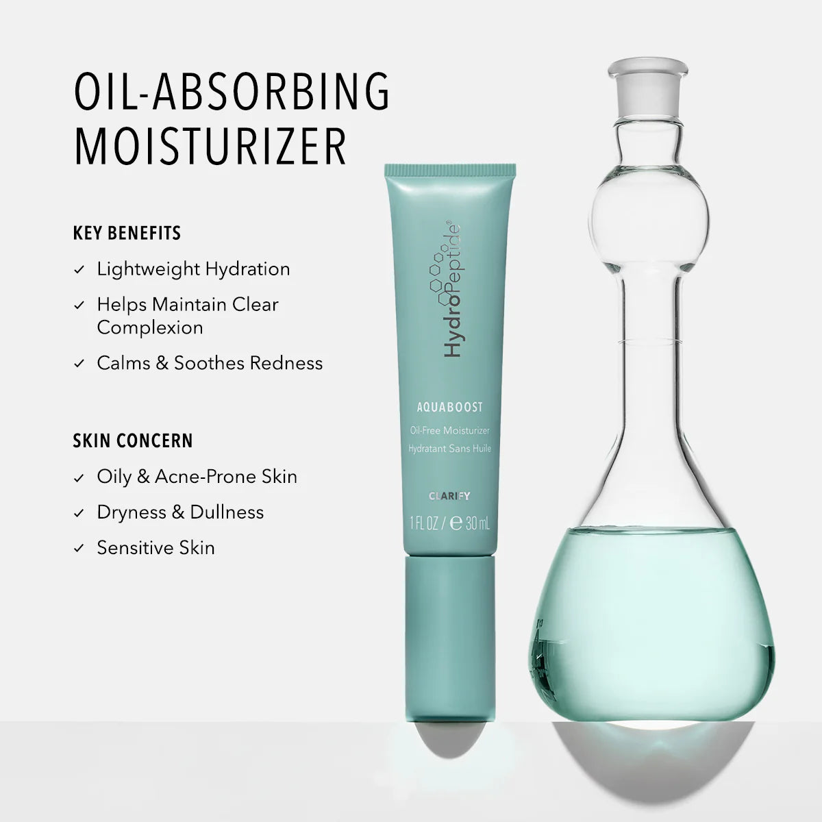 Oil-absorbing moisturizer with benefits and features on a white background