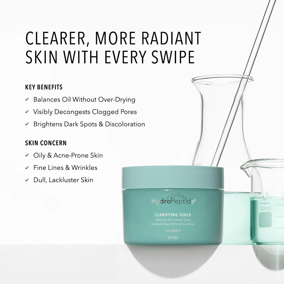 Hydropeptide Clarifying toner pads Cosmetic product with benefits and features on a white background