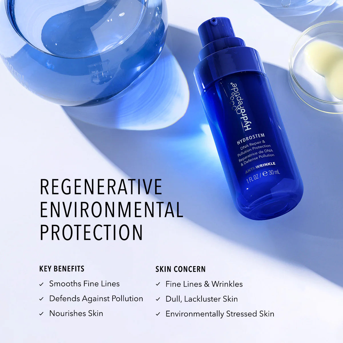 Blue HydroPeptide Hydrostem skincare bottle with product details on a white background