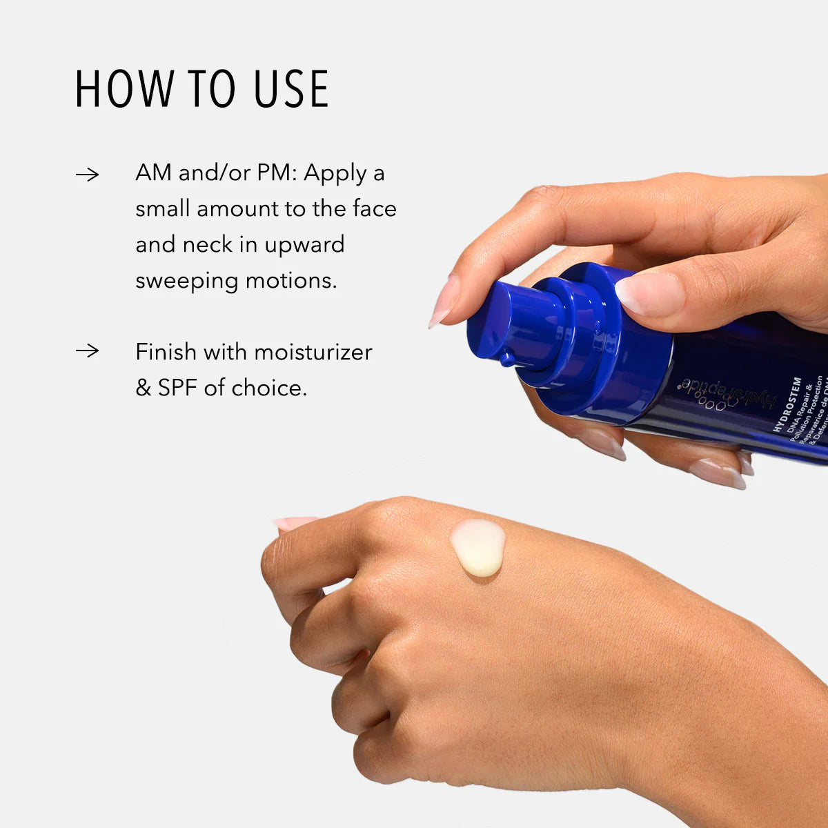 Hand applying cream to a wrist with text on how to use it.