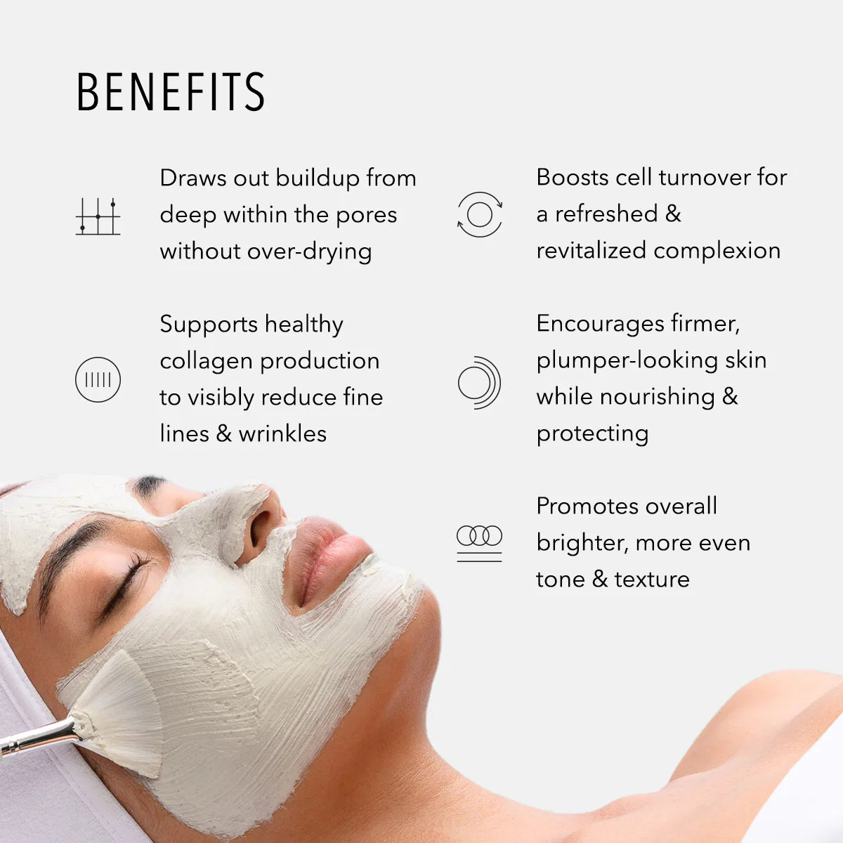 Person receiving a facial mask with text detailing its benefits on a white background