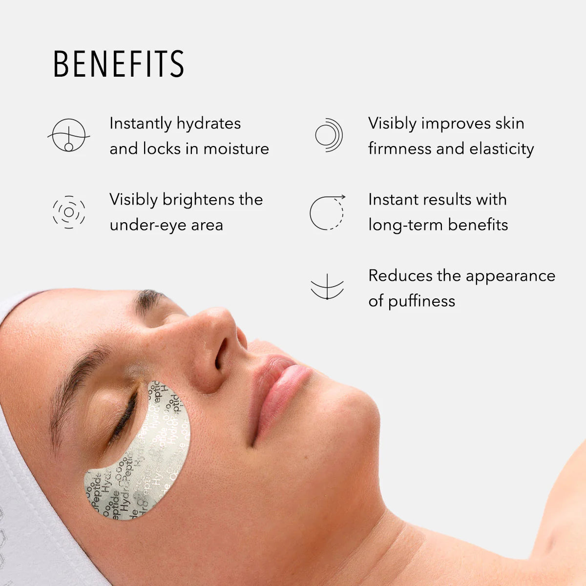 Product packaging with a woman's face wearing a eye mask, featuring text on benefits.
