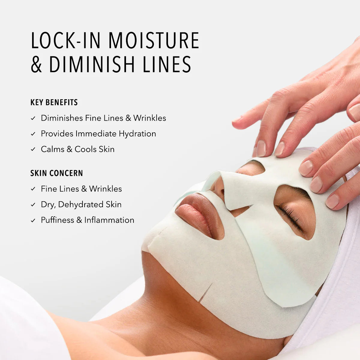 Person receiving a face mask treatment with text highlighting key benefits and skin concerns.
