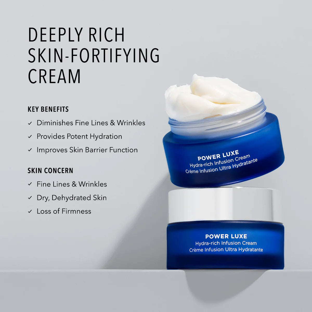 Two jars of Power Luxe Deeply Rich Skin-Fortifying Cream on a gray background with text detailing benefits and uses.