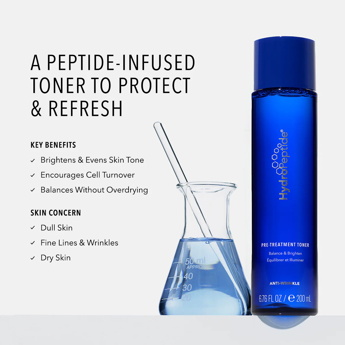 Blue peptide-infused toner bottle with text on a white background