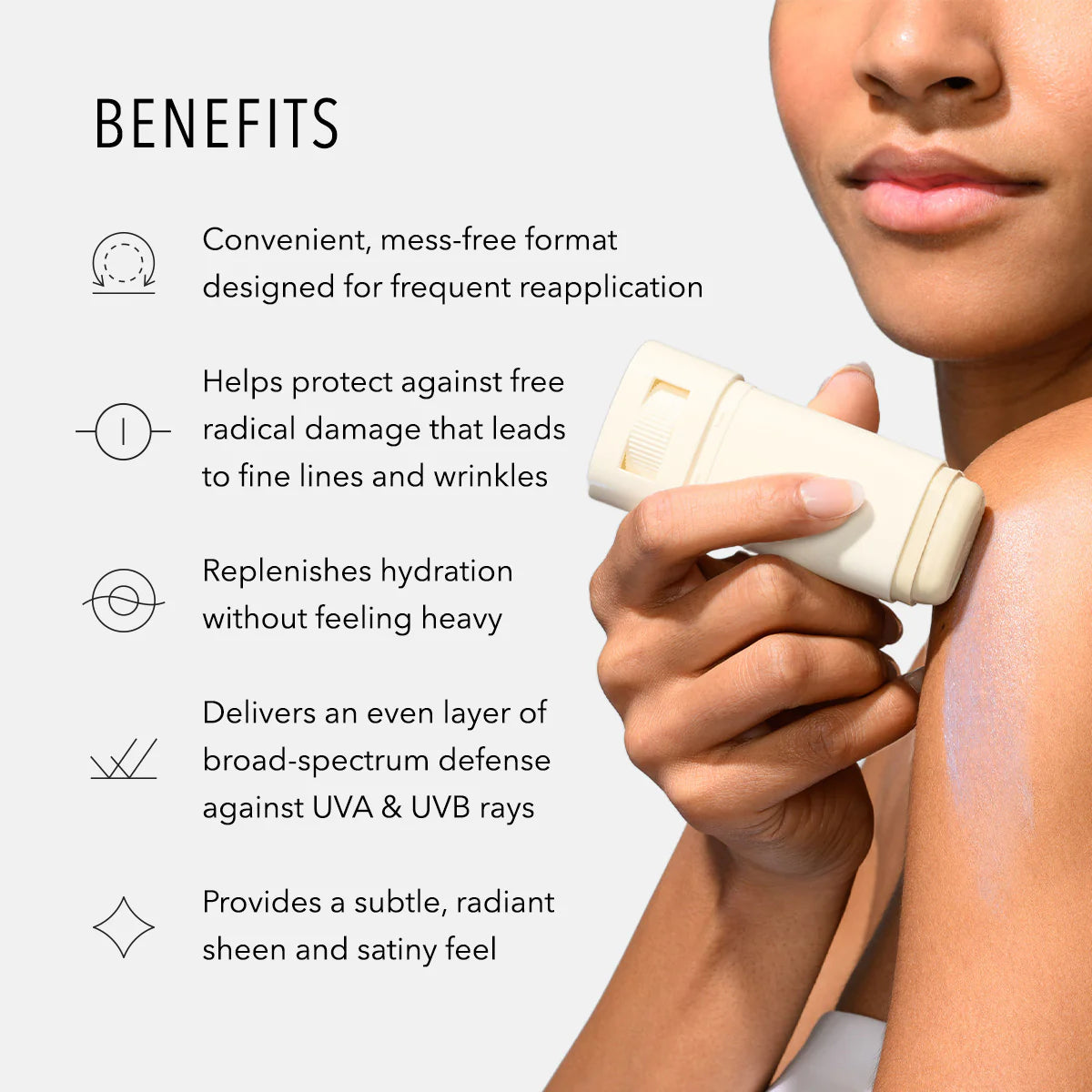 Product being applied to skin with benefits listed on a white background