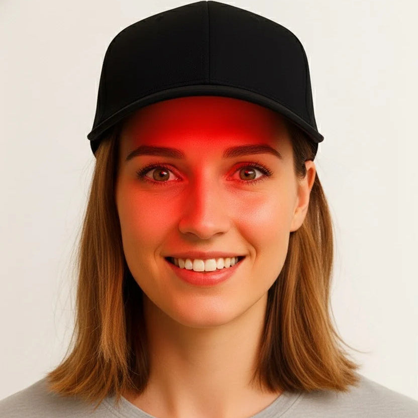 woman with red light baseball hat on