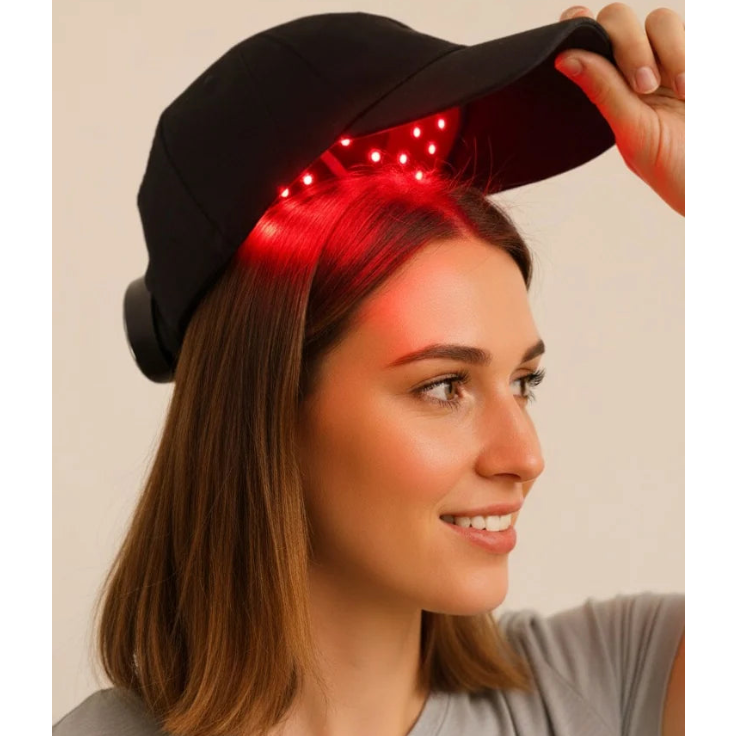 woman taking off a red light baseball cap