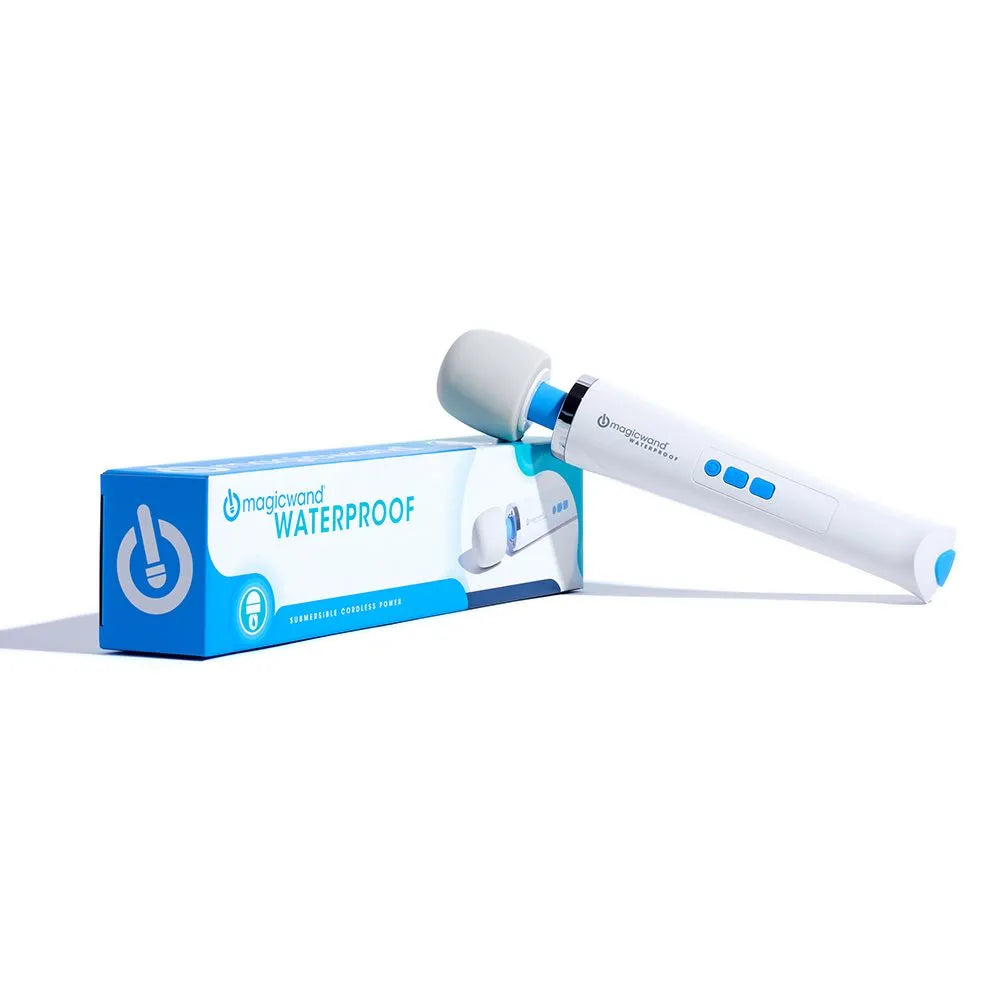 White handheld device with blue accents next to its packaging on a white background