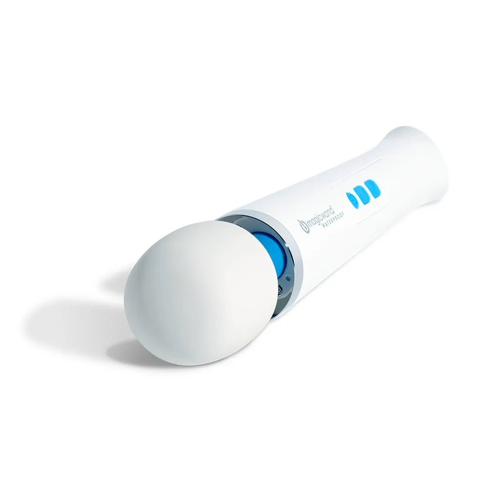 White handheld massager with blue accents on a white background