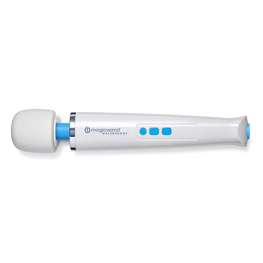 Magic Wand Waterproof personal massager in white and blue, shown horizontally on a clean white background.