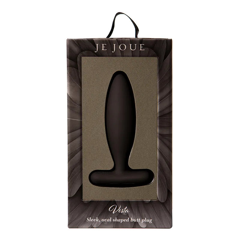 JE JOUE Vito sleek, ocel-shaped butt plug in its retail packaging, featuring a dark brown textured box with a clear window displaying the black plug.