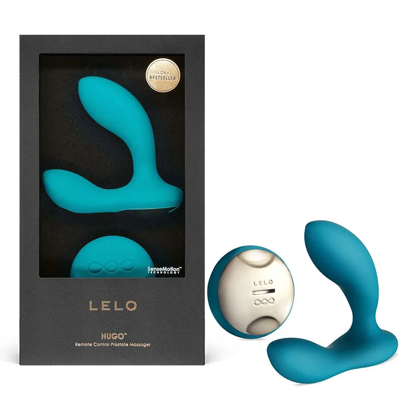 Blue remote control prostate massager with packaging and Lelo branding on a white background