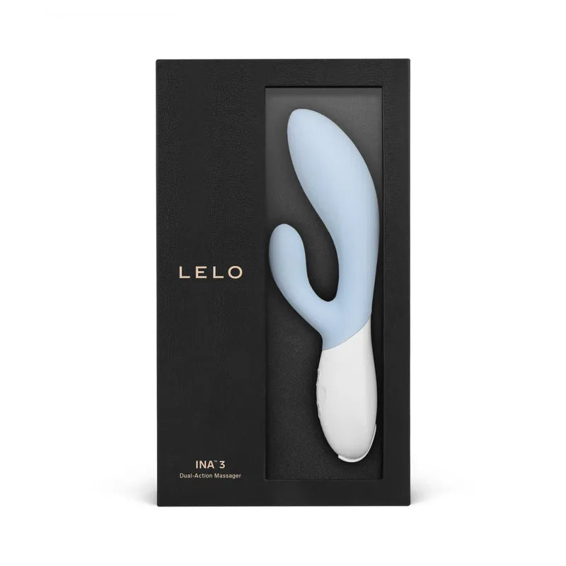 LELO INA 3 dual-action massager in black packaging on a white background