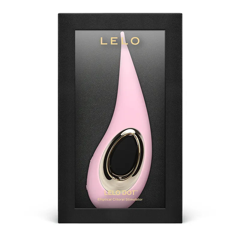 LELO Bot  erotic cervical stimulator in light pink with a gold accent ring, presented inside its black retail packaging box.
