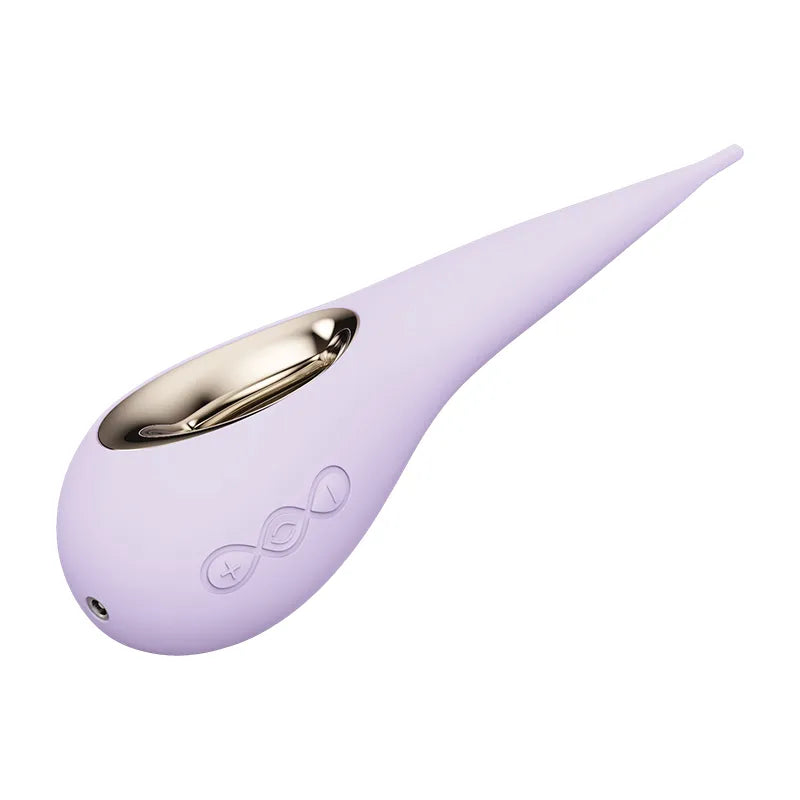 Purple and gold device shaped like a teardrop on a white background