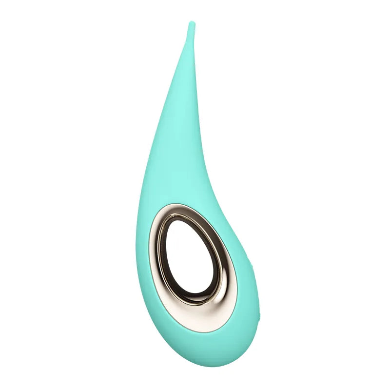 Turquoise teardrop-shaped object with a metallic ring on a white background