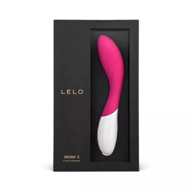 LELO MONA 2 intimate massager in a black retail box, featuring a curved pink and white silicone wand.