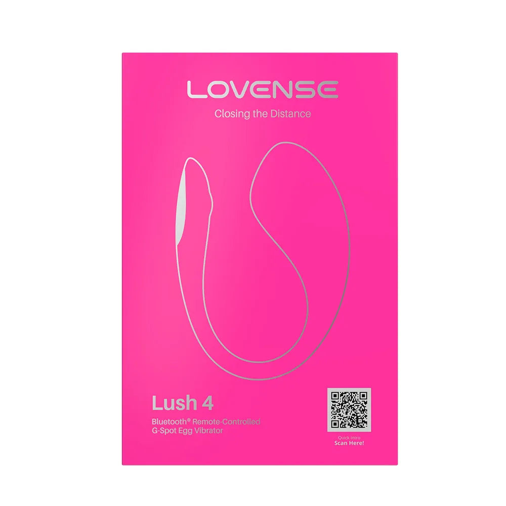 Pink retail packaging for the LOVENSE Lush 4 Bluetooth remote-controlled G-spot egg vibrator, featuring a silver line drawing of the device and a QR code on a white background.