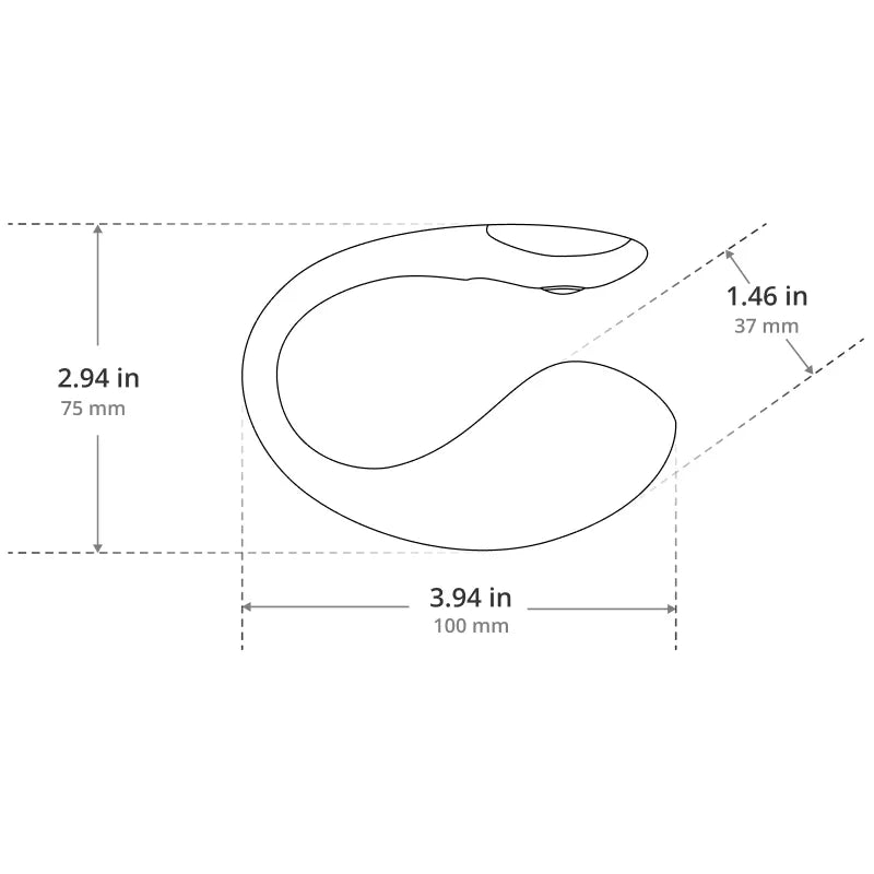 A simple line drawing of a curved hook-like product with dimension callouts showing 2.94 in / 75 mm height, 3.