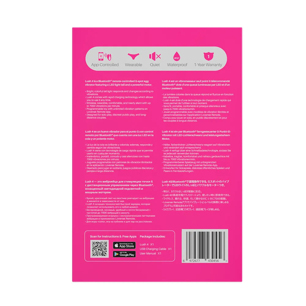 The back of a pink product box with feature icons, product details, a barcode, and app store badges on a white background.