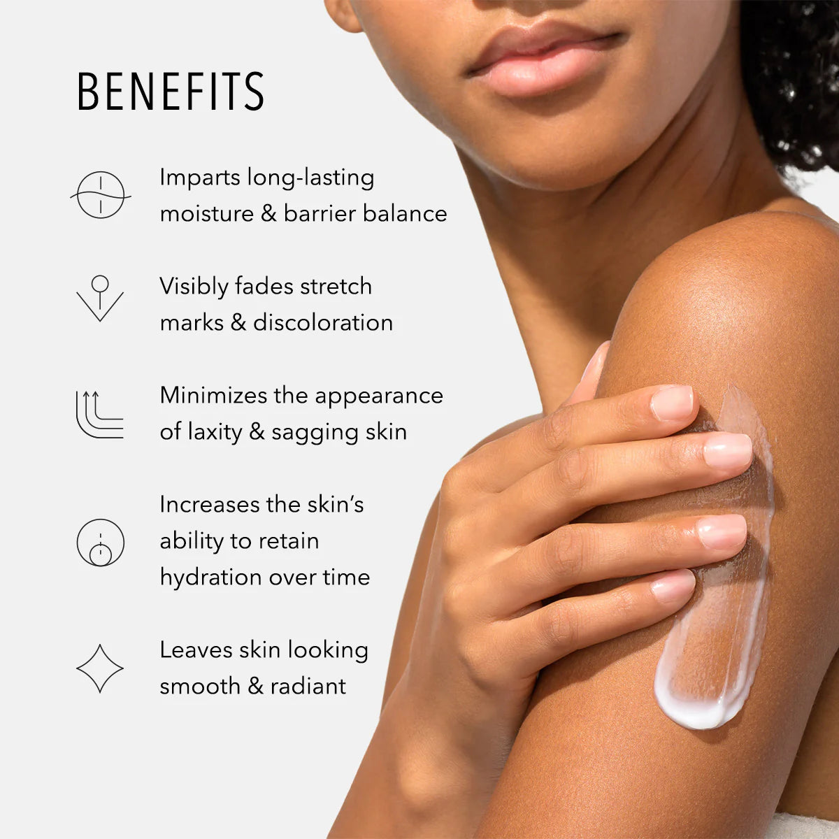 Woman applying a skincare product with text detailing its benefits on a white background
