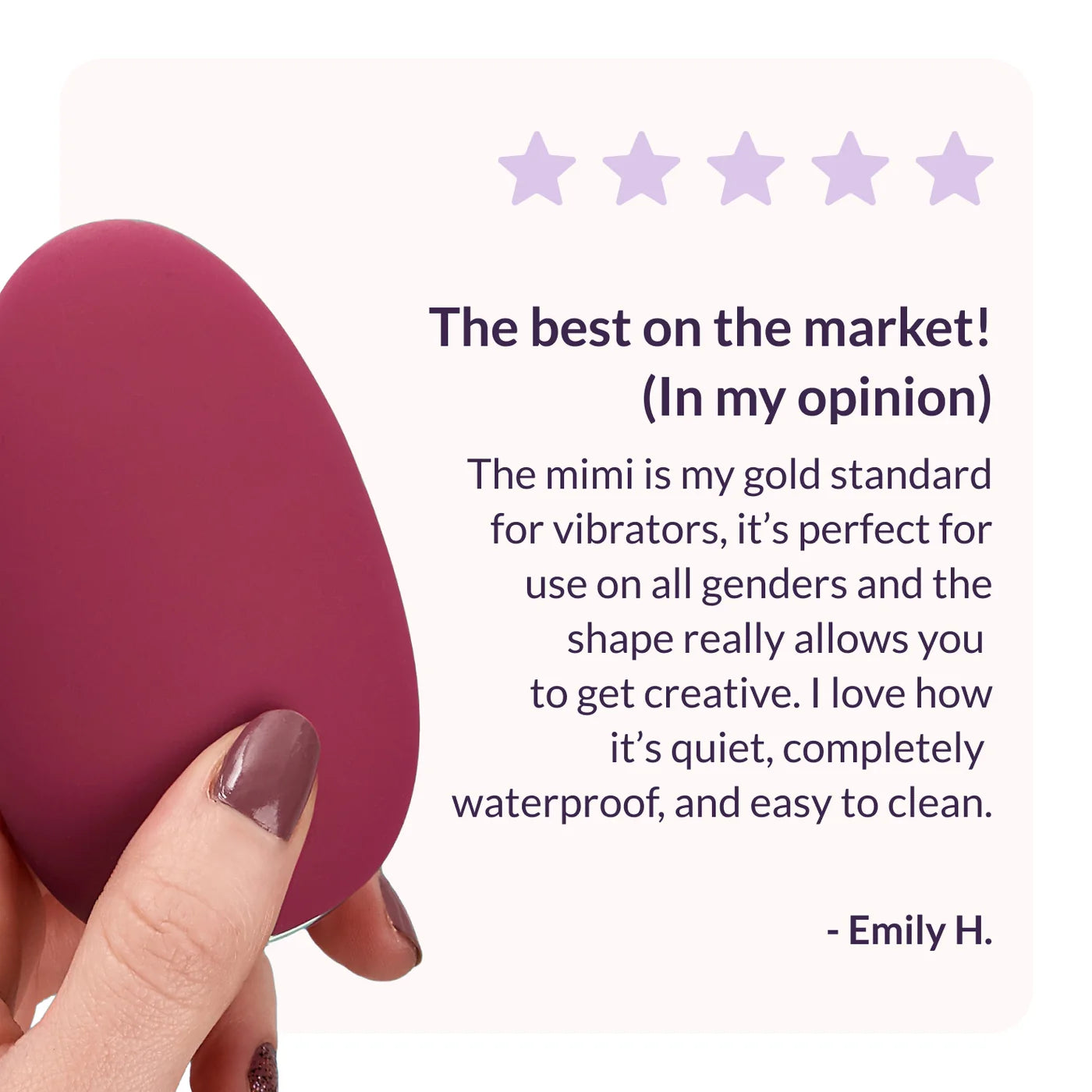 Red vibrator held by a hand with text rating it 'The best on the market!' and a five-star rating.
