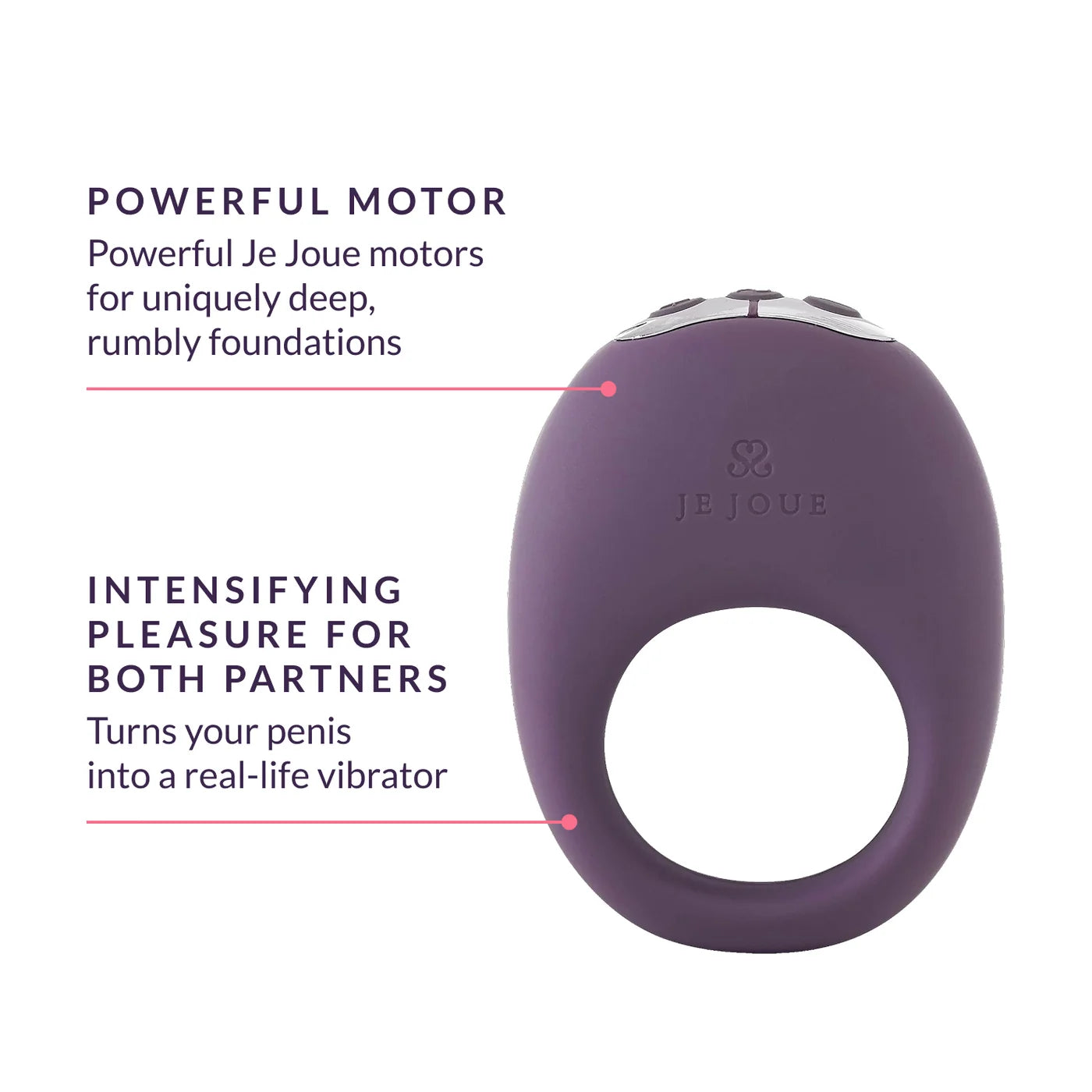 Purple ring with text describing its features on a white background